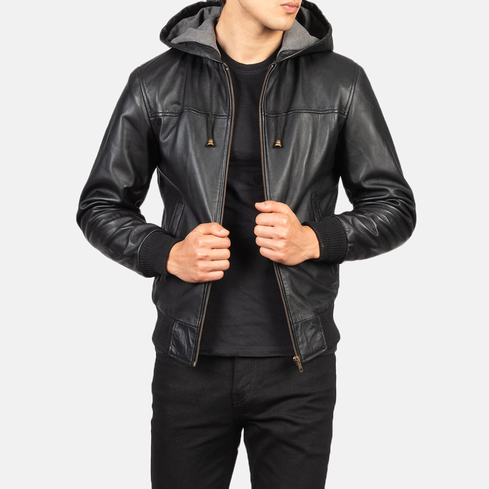 Hooded Leather Bomber Jacket - Black