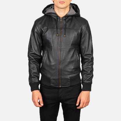 Hooded Leather Bomber Jacket - Black