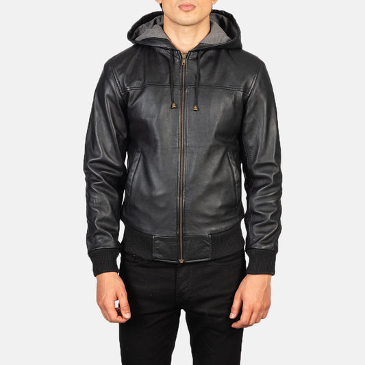 Hooded Leather Bomber Jacket - Black
