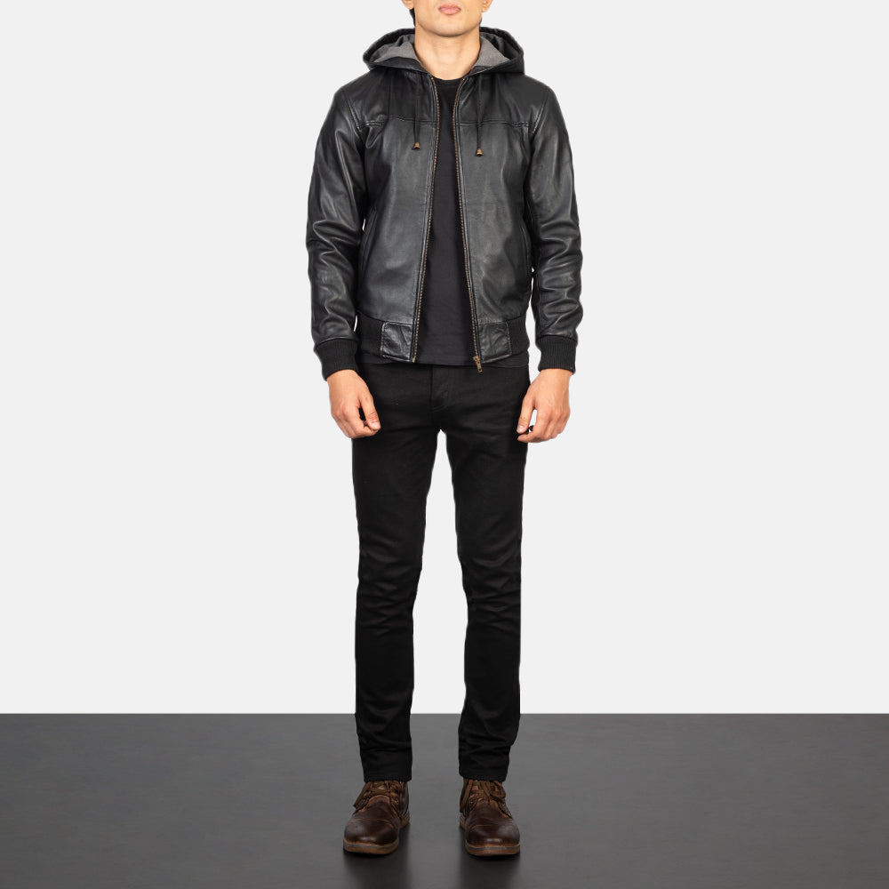 Hooded Leather Bomber Jacket - Black