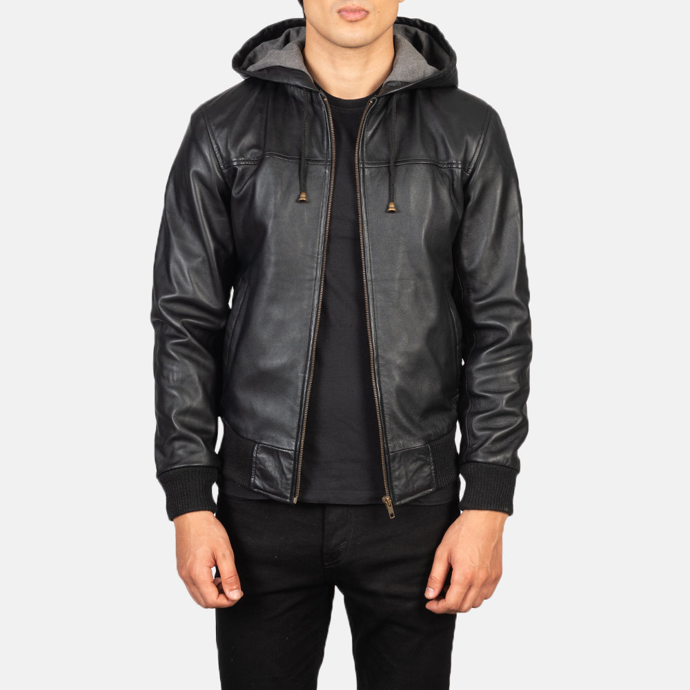 Hooded Leather Bomber Jacket - Black