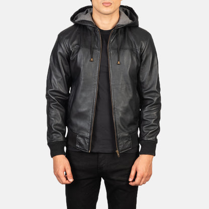 Hooded Leather Bomber Jacket - Black