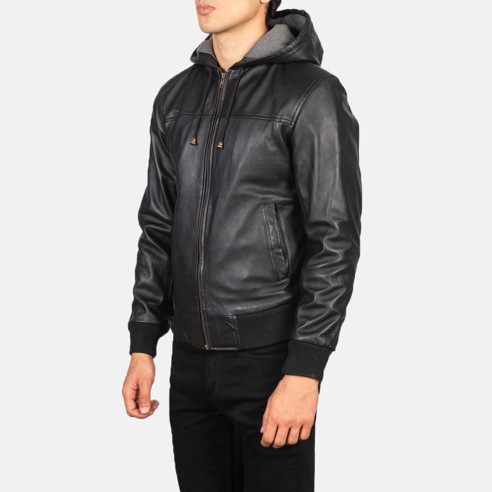 Hooded Leather Bomber Jacket - Black