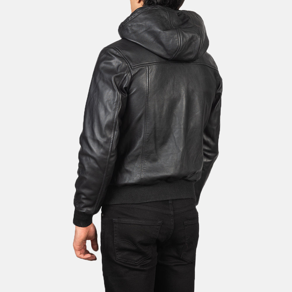 Hooded Leather Bomber Jacket - Black