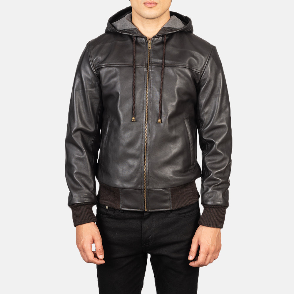 Hooded Leather Bomber Jacket - Brown