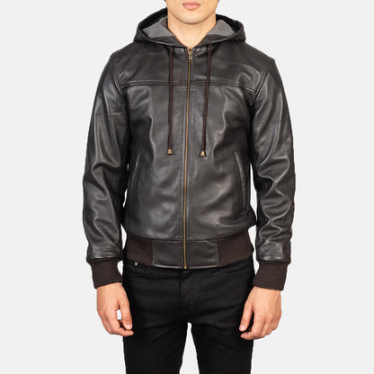 Hooded Leather Bomber Jacket - Brown
