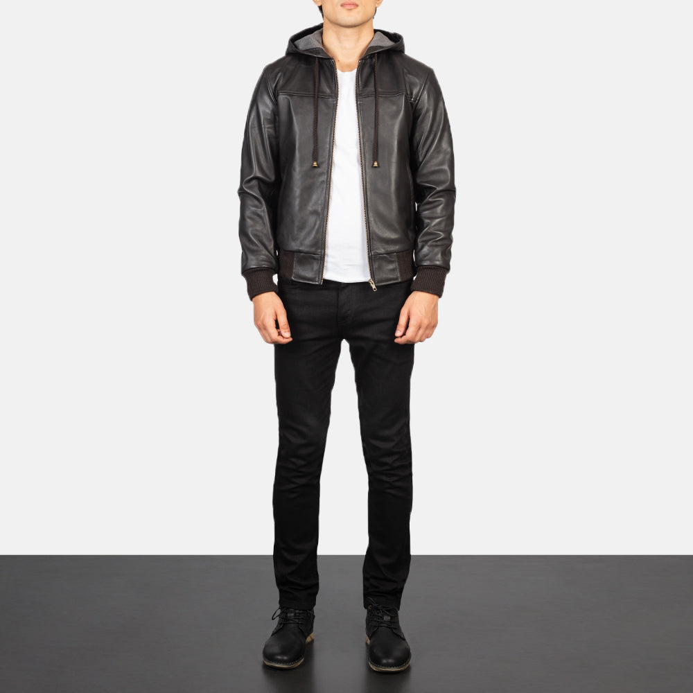 Hooded Leather Bomber Jacket - Brown
