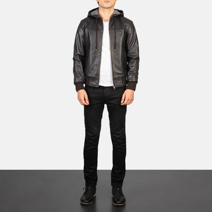 Hooded Leather Bomber Jacket - Brown