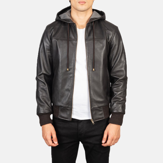 Hooded Leather Bomber Jacket - Brown