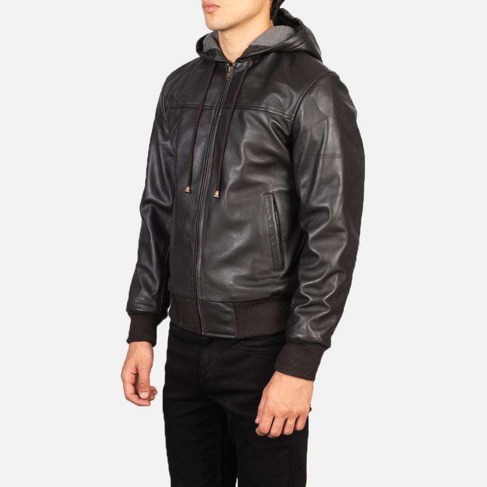 Hooded Leather Bomber Jacket - Brown