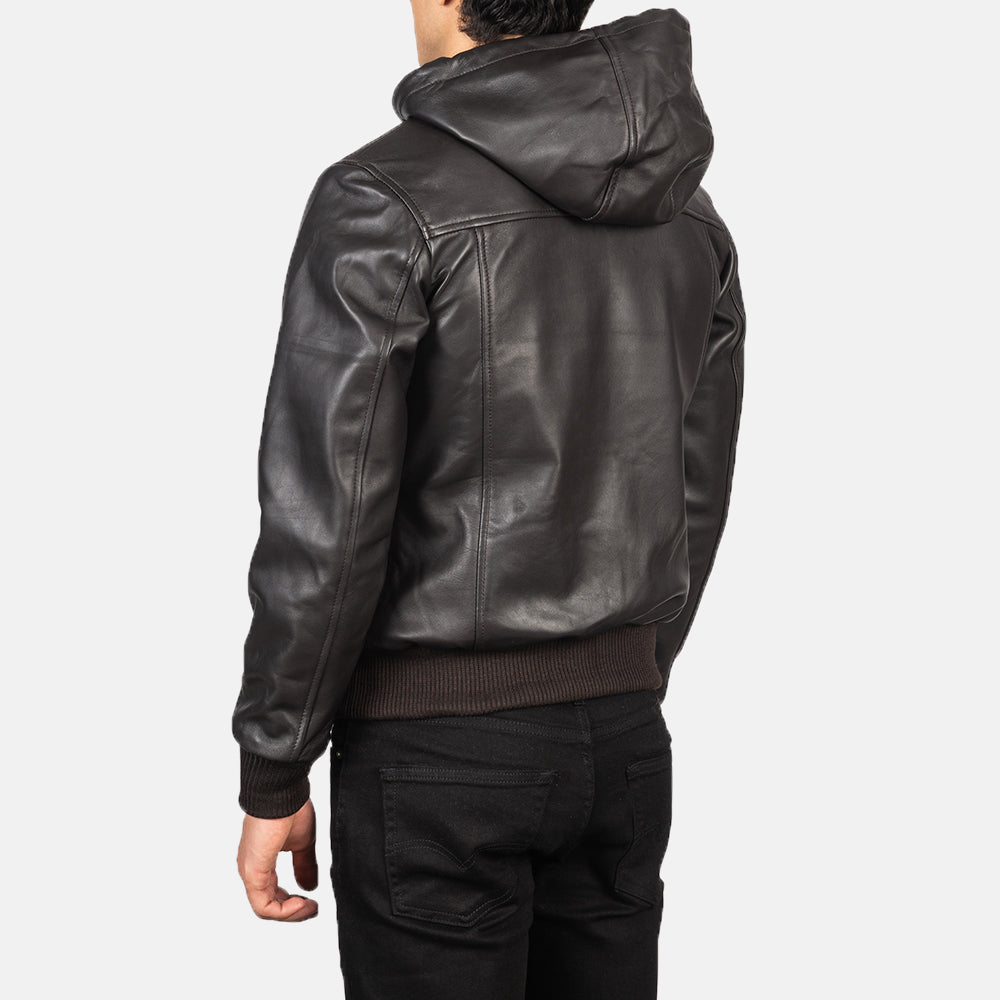 Hooded Leather Bomber Jacket - Brown